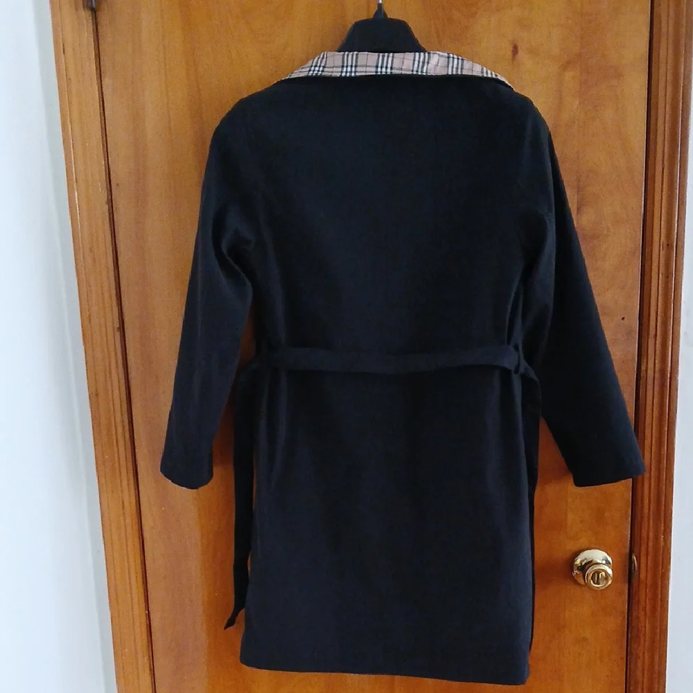 Burberry Black Trench Coat Modern Plaid Design M/L EUC - Picture 4 of 8